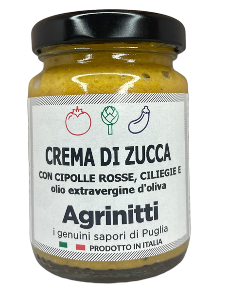 Crema di zucca con cipolle rosse, ciliegie e olio extravergine d'oliva